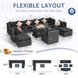 NICESOUL 11 Piece Outdoor Furniture Set with Firepit, Luxury Big 10-Person Patio Sectional, Chill 29.3'' High-Back Backyard Seating Area, All-Weather Rattan Couch Set for Outside, Deck, Dark Grey NICESOUL
