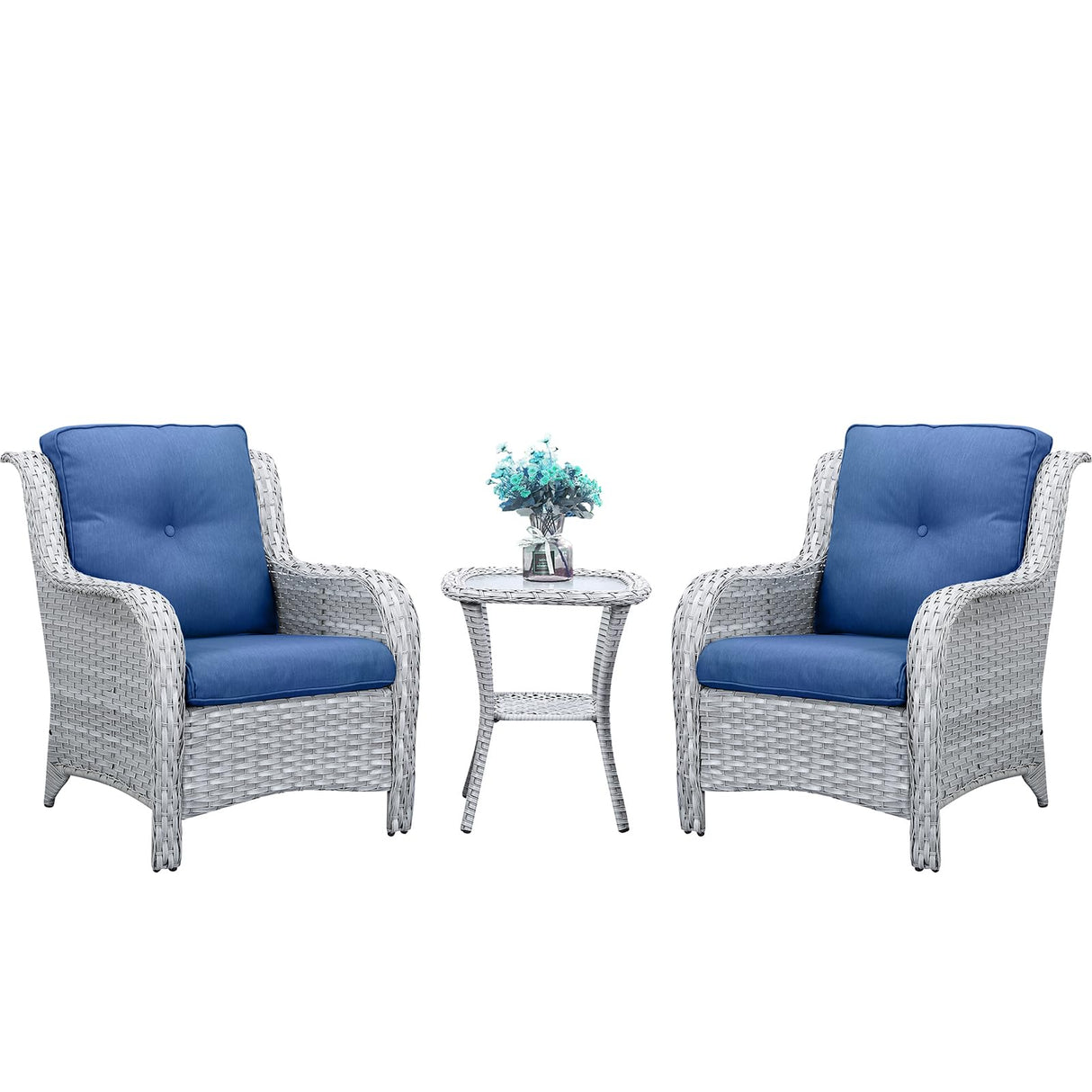 Belord 3 Piece Patio Furniture Set - Outdoor Dining Chair Wicker Chairs and Table Set, Deep Seat Patio Chair with Cushions, Light Gray Wicker Belord