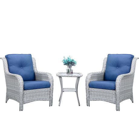 Belord 3 Piece Patio Furniture Set - Outdoor Dining Chair Wicker Chairs and Table Set, Deep Seat Patio Chair with Cushions, Light Gray Wicker Belord