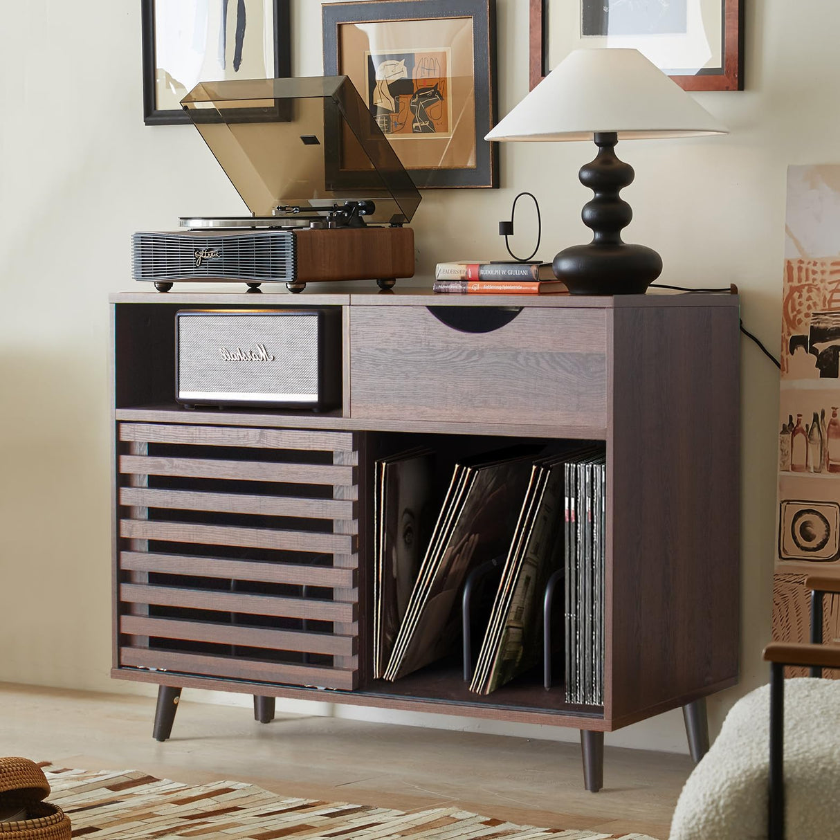 Lisicues Record Player Stand, Vinyl Record Cabinet with Power Outlet Holds Up to 200 Albums, Turntable Stand Table, Fluted Sliding Door, Living Room(Walnut) Lisicues