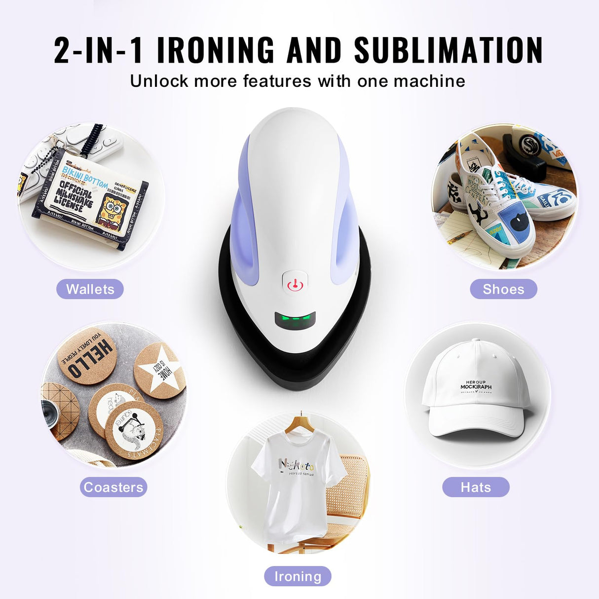 VEVOR Mini Heat Press - Small Heat Press Machine - 3 Heat Settings and Auto-Off - Portable Heat Transfer Machine - Sublimation Machine for T-Shirts/Hats/Coasters/Bags (White Blue) VEVOR