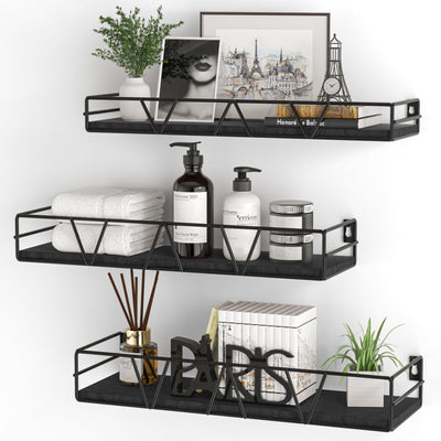 Amaoot Floating Shelves Set of 3, Home Wood Wall Shelf, Farmhouse Shelf for Bedroom, Wall Mounted Floating Shelf for Living Room, Bedroom, Bathroom, Kitchen, Office (Black 2)