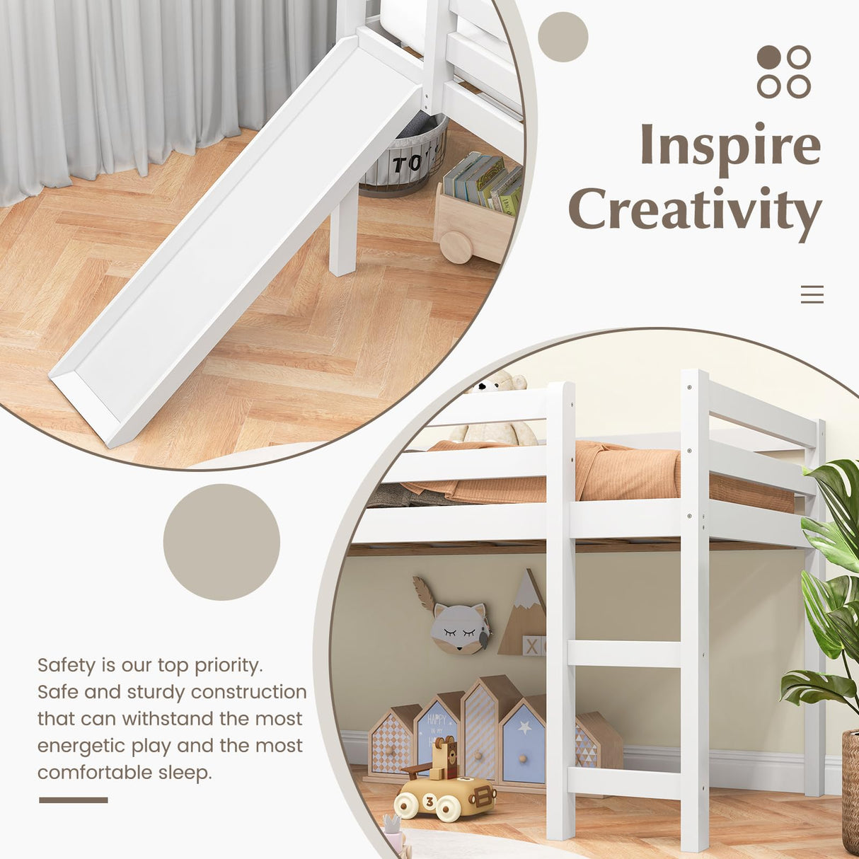 NAFORT Twin Size Loft Bed with Slide & Stairs – Low Loft Bed for Kids, Solid Wood Frame with Guard Rails, Slat Support & Climbing Ladder, Space Saving White Finish NAFORT