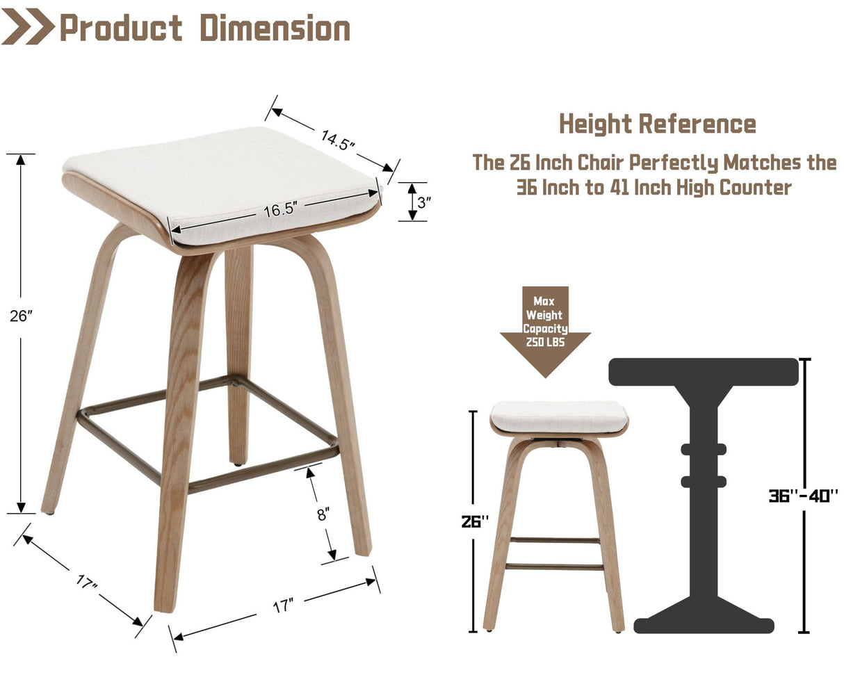 26’’ Swivel Counter Stools Counter Height Bar Stools Set of 2, Rustic Farmhouse Backless Swivel Bar Stools Beige Linen Cushion Bar Height Chairs with Footrest, Modern Wood Barstools for Kitchen Island HNY