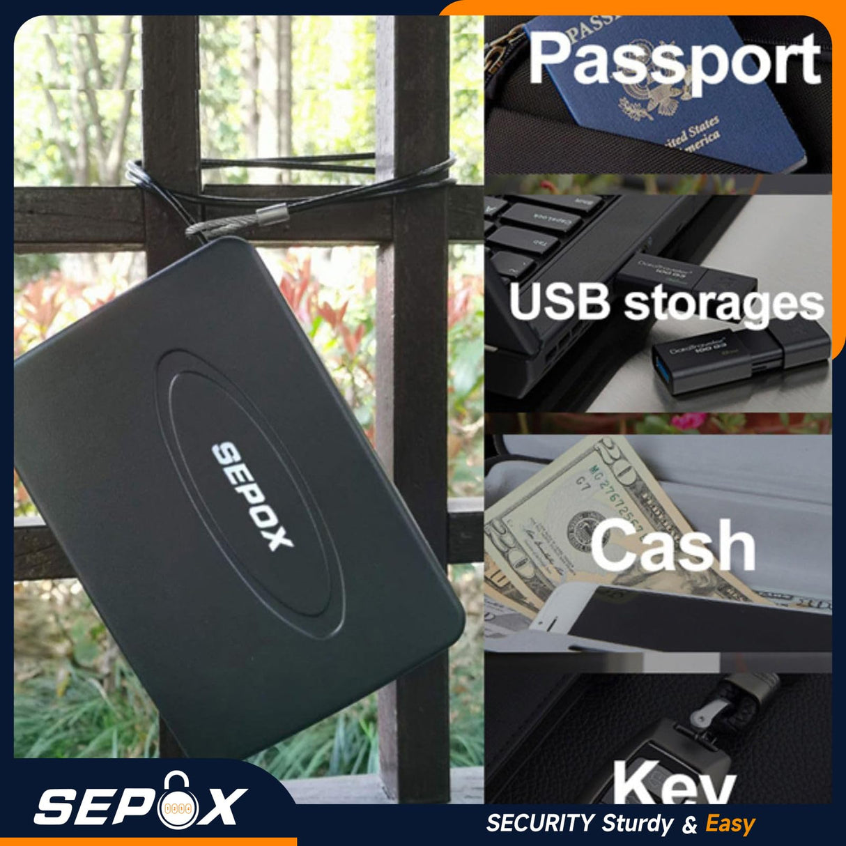 SEPOX® 2Pcs Water/Fire-Resistant Portable Security Case Lock Box Steel, Personal Travel Safe Storage Cabinet for Small Item, 3-Ft Cable, Ressetable Combination Lock for Dorm, Car, Sports, Office SEPOX