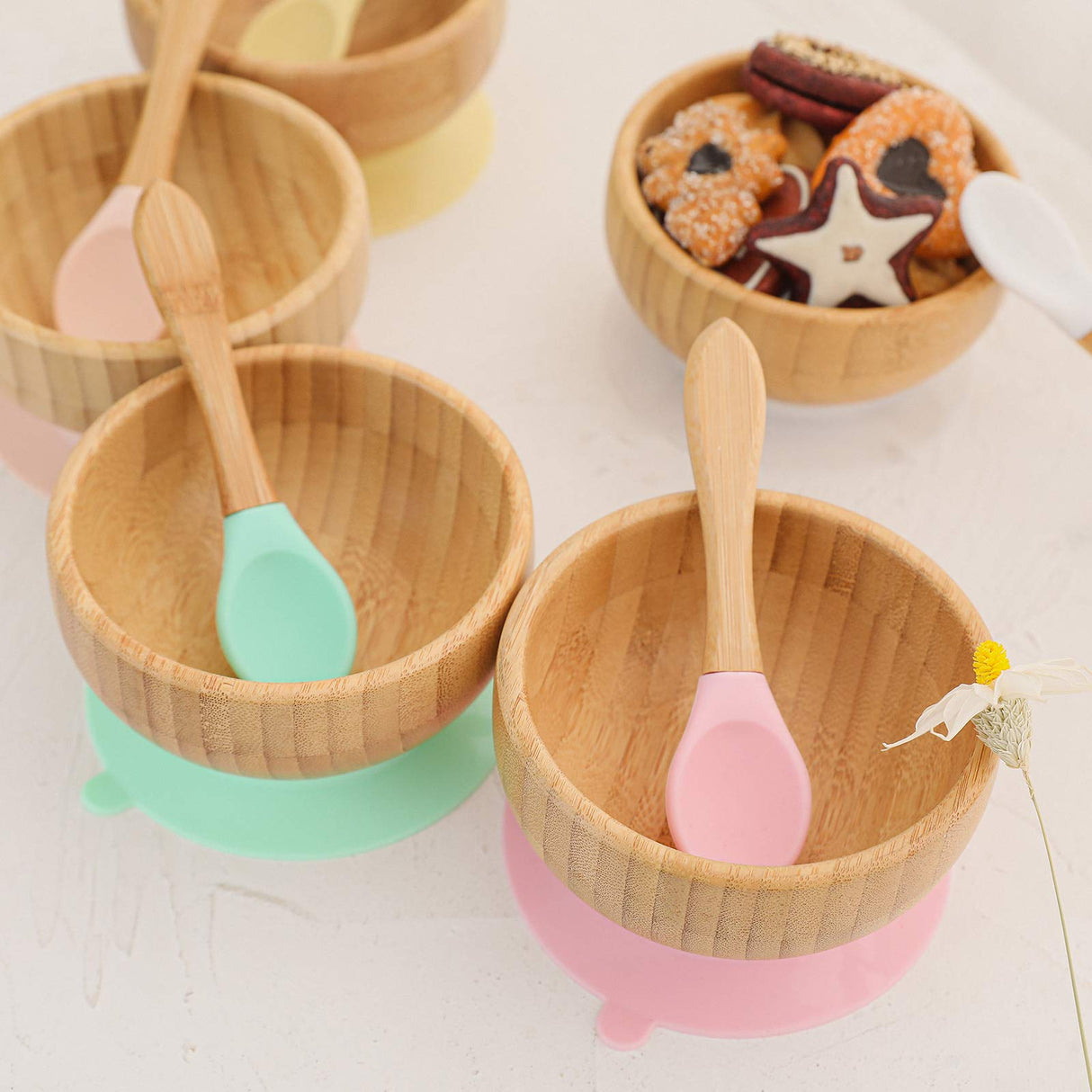 Baby Bowls and Spoons, Baby Bamboo Bowl and Spoon | Silicone Suction | Bamboo Baby Bowls for Baby | Baby Bowls First Stage | Baby Wood Bowls (Pink) HI BABY MONMENT