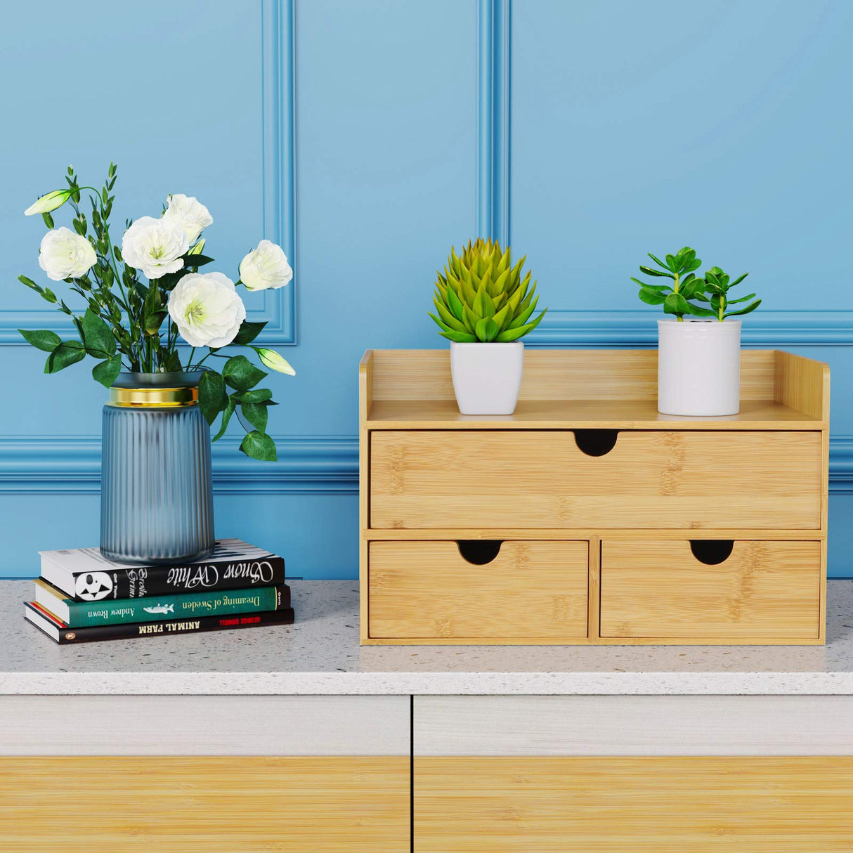 Desk Organizer with Drawers - Bamboo Desktop Organizers Storage | Wood Makeup Organizer for Bills, Office Supplies, Cosmetics, Seals, Kitchen Utensils, No Assembly Required Wisuce