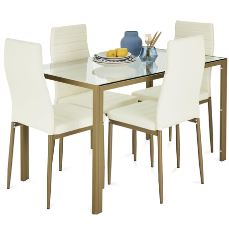 Best Choice Products 5-Piece Glass Dining Set, Modern Kitchen Table Furniture for Dining Room, Dinette, Compact Space-Saving w/Glass Tabletop, 4 Upholstered PU Chairs, Metal Steel Frame - Ivory/Gold Best Choice Products