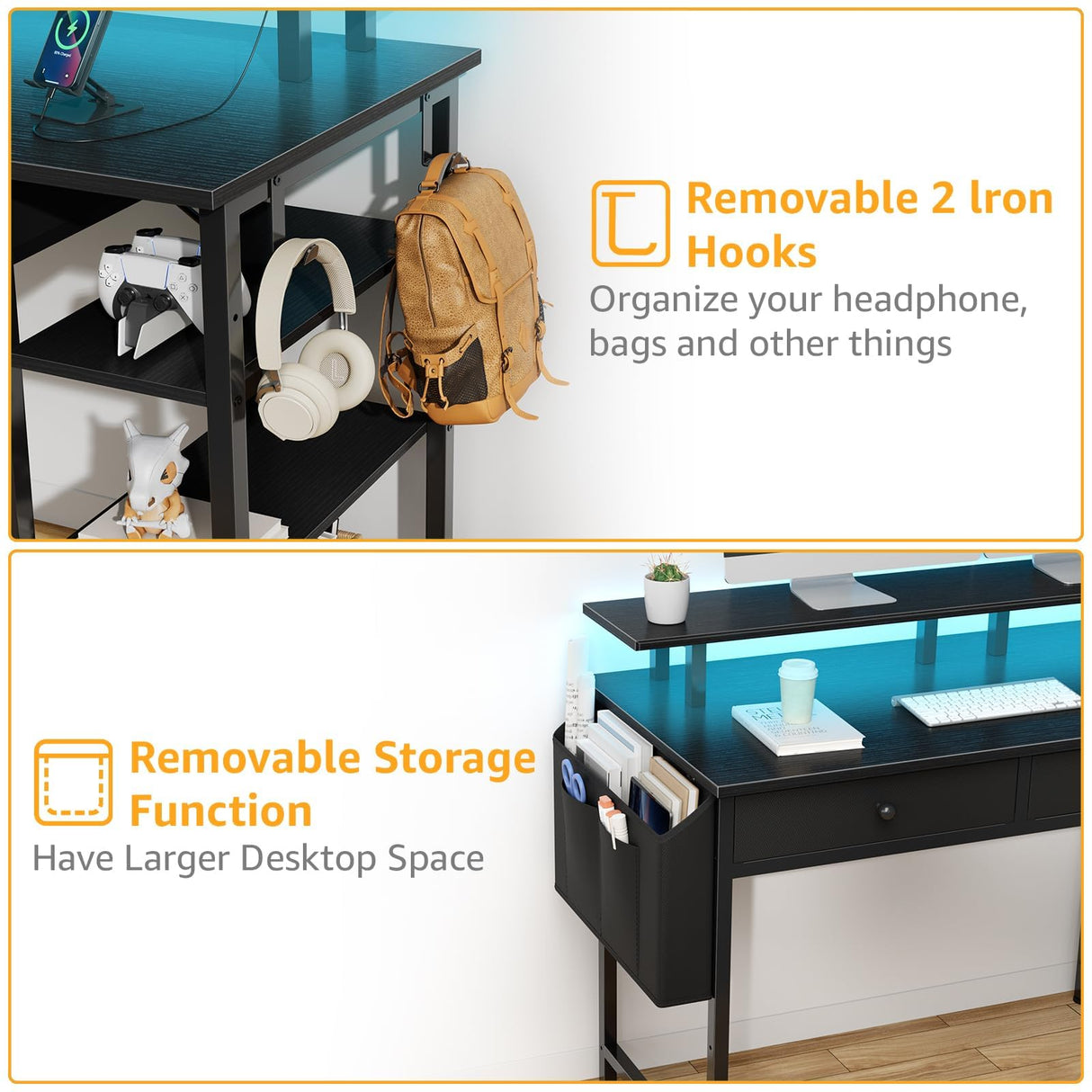 Black Computer Desk with Shelves and Drawers - 47 Inch Home Office Desk with Drawers and Shelves, Small Black Desk with Shelves, Computer Desk with Monitor Stand, RGB Gaming Desk with Power Outlet DLisiting