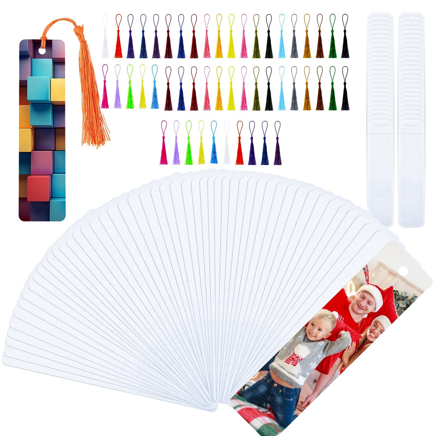 ZhouBoat 50 Sets Sublimation Blank Bookmarks, DIY Blank Aluminum Metal Bookmarks with Clear Bookmark Sleeves Tassels and Self-Sealing Bags for Crafts Birthday Reading Back to School Supplies