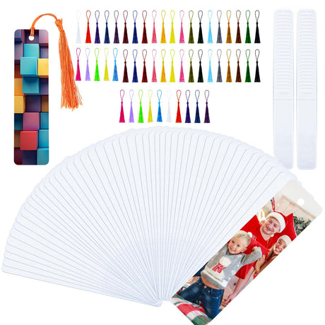 ZhouBoat 50 Sets Sublimation Blank Bookmarks, DIY Blank Aluminum Metal Bookmarks with Clear Bookmark Sleeves Tassels and Self-Sealing Bags for Crafts Birthday Reading Back to School Supplies ZhouBoat