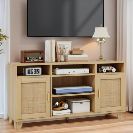 YITAHOME TV Stand for 65 Inch TV, Boho Entertainment Center with Rattan Doors, Storage Cabinets and Open Shelves, Long Boho Media Console for Living Room YITAHOME