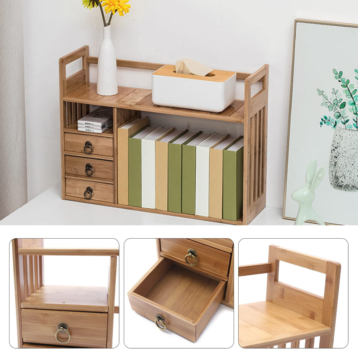 Bamboo Desktop Bookshelf with 3 Drawers – Organiser for Office and Home WINNIESHOP