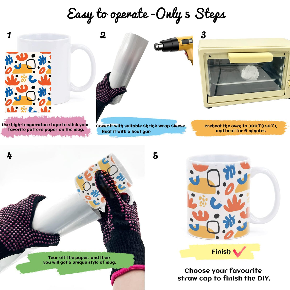 Daily Treasures 50pcs Sublimation Shrink Wrap Sleeve Set (with 10pcs Cute Straw Cover Caps),5×10"Heat Shrink Wrap,White Bag Heat Shrink Film,Sublimation Wraps For 20oz Tumblers Mugs Cups Jars Cosmetic Daily Treasures