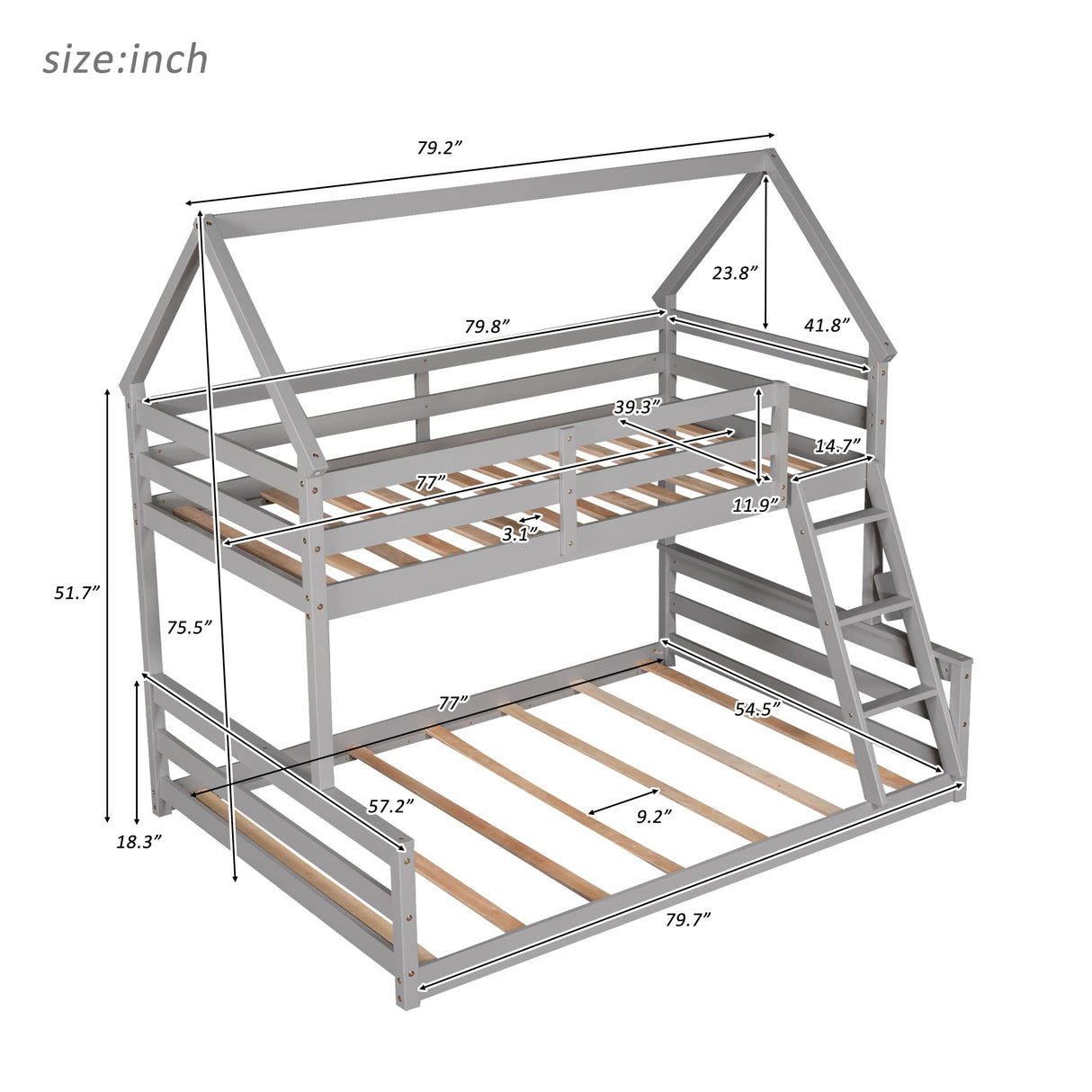 Merax House Floor Bunk Bed with Ladder Twin Over Full,Wood Low Bunk Bed for Kids Juniors, Space-Saving,No Box Spring Needed Gray Merax