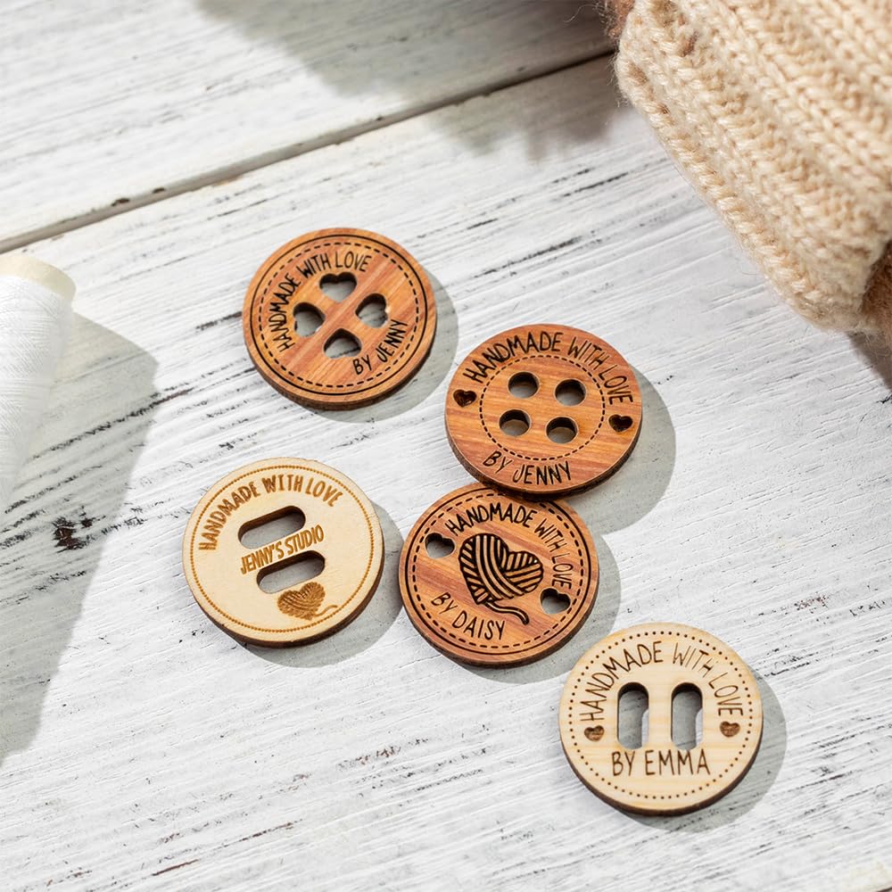 callie Personalized Sewing Name Lables Button,Custom Wooden Handmade with Love Button for Clothing Beanie Poom,Set of 10 Clothing Labels Gift for - WoodArtSupply