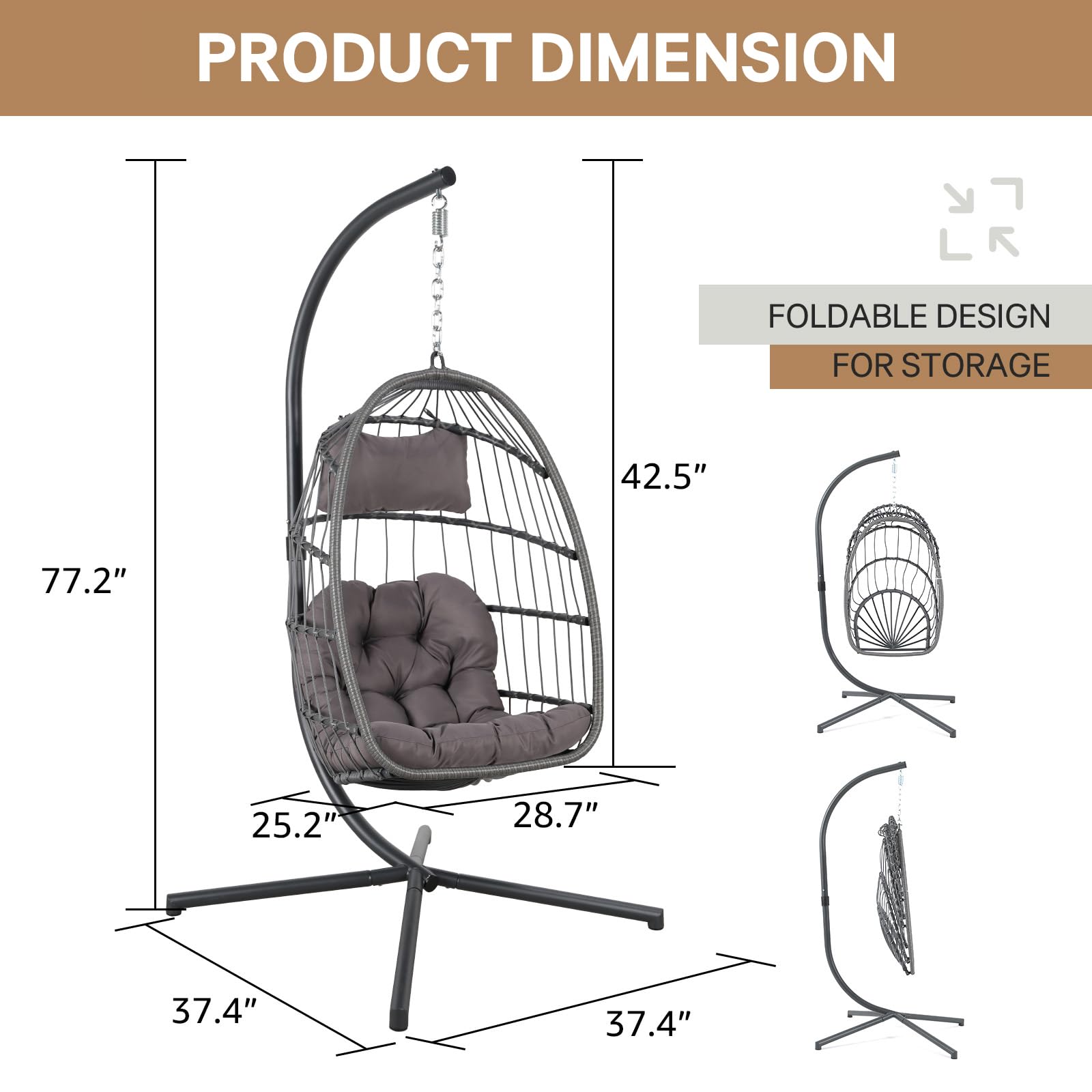 Yangming Hanging Egg Swing Chair with Stand and Weather Cover, Foldable for Indoor Outdoor, Wicker Rattan Basket with Cushion for Bedroom, Patio, Porch - WoodArtSupply