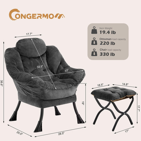 Congermom Lazy Chair with Folding Ottoman,Leisure Sofa Chair,Soft Fabric Armchair with Armrests and Side Pockets, Reading Chair with Footrest for Living Room, Bedroom, Office (Plush Dark Grey) Congermom