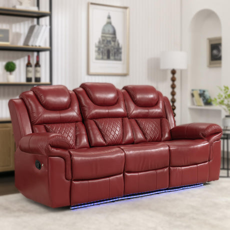 Olodumare Leather Reclining Sofa Set,Home Theater Seating with Center Console,Flipped Middle Backrest,and LED Light Strip,3 Seater for Living Room,Office,Home Theater,RV (Red) Olodumare