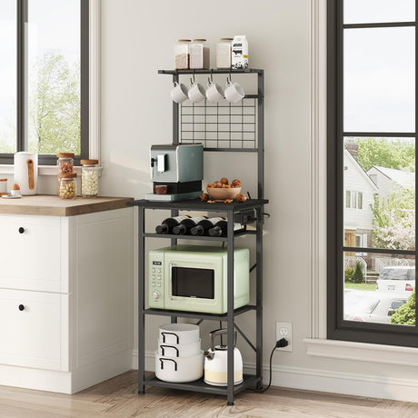 MAHANCRIS Bakers Rack with Power Outlet, Coffee Bar Station with Wine Rack, Bakers Racks for Small Spaces, Microwave Stand for Kitchen, Black BRBK23E01 MAHANCRIS
