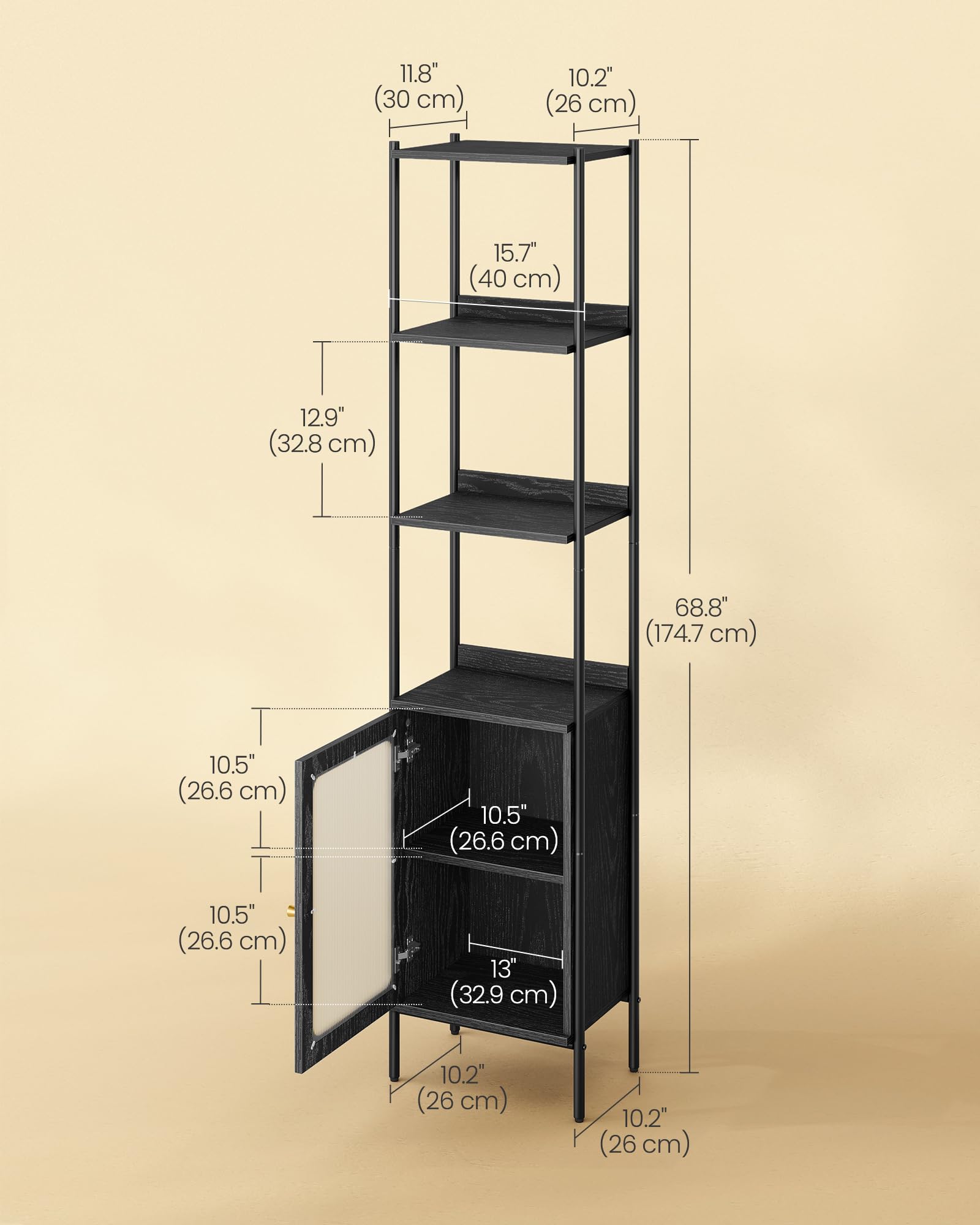 VASAGLE Slim 6-Tier Bookcase with PC Door and Adjustable Shelves in Ebony Black and Matte Black - WoodArtSupply