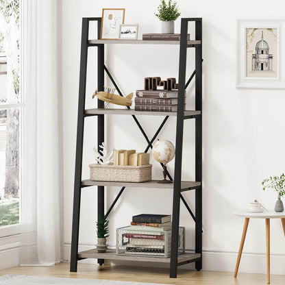 BON AUGURE Industrial 4-Tier Ladder Bookshelf in Dark Gray Oak - WoodArtSupply