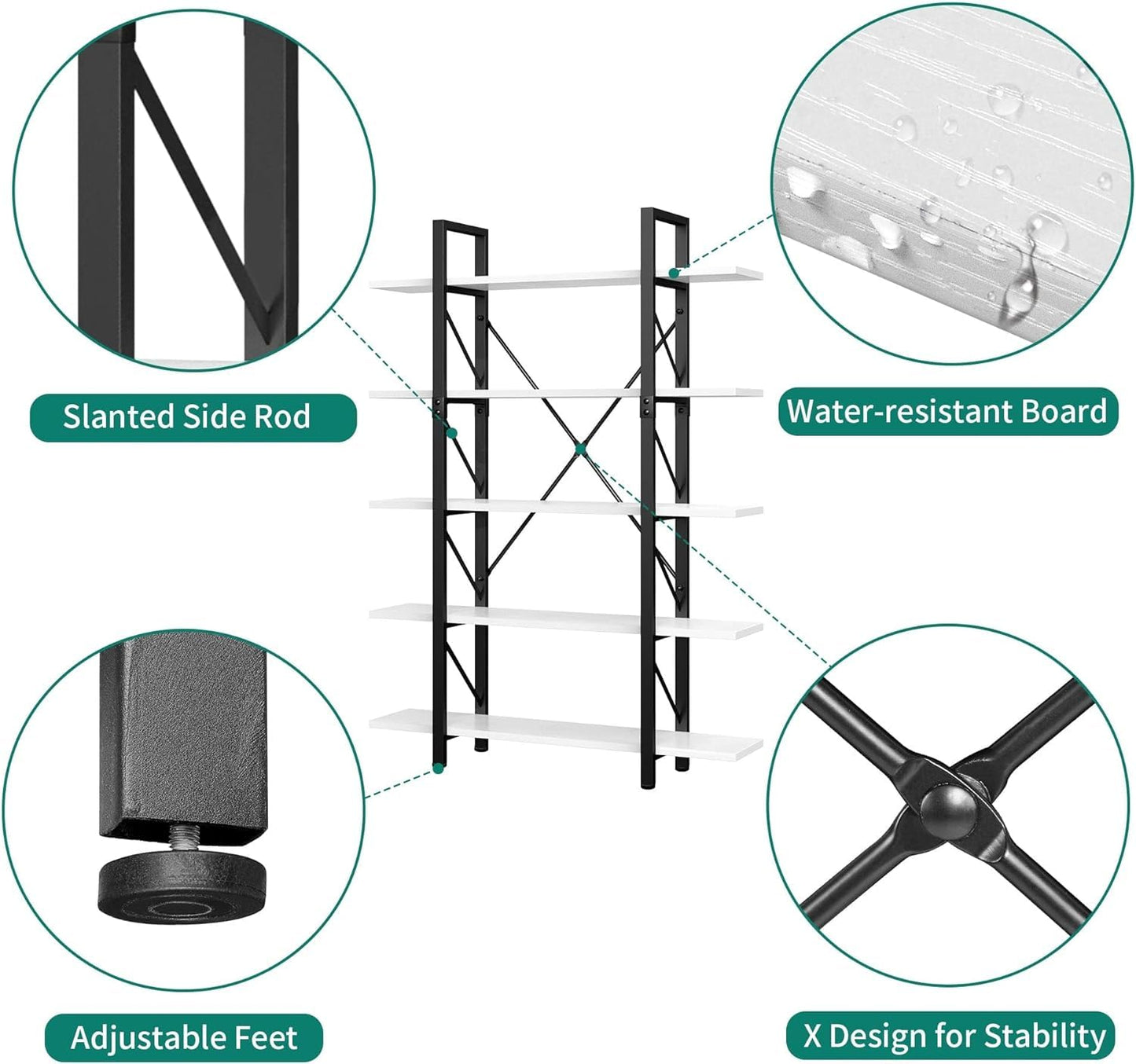 YITAHOME Industrial 5-Tier Bookshelf - Large Freestanding White Storage Unit with Sturdy Metal Frame - WoodArtSupply