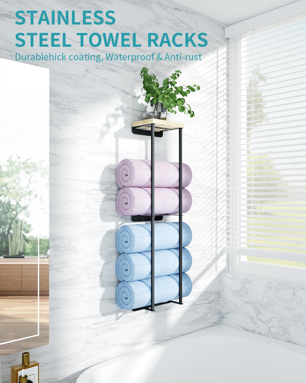 Towel Racks for Bathroom, 2 Tier Wall Towel Holder with Wood Shelf, Metal Wall Towel Rack Mounted Towel Storage for Small Bathroom （Black