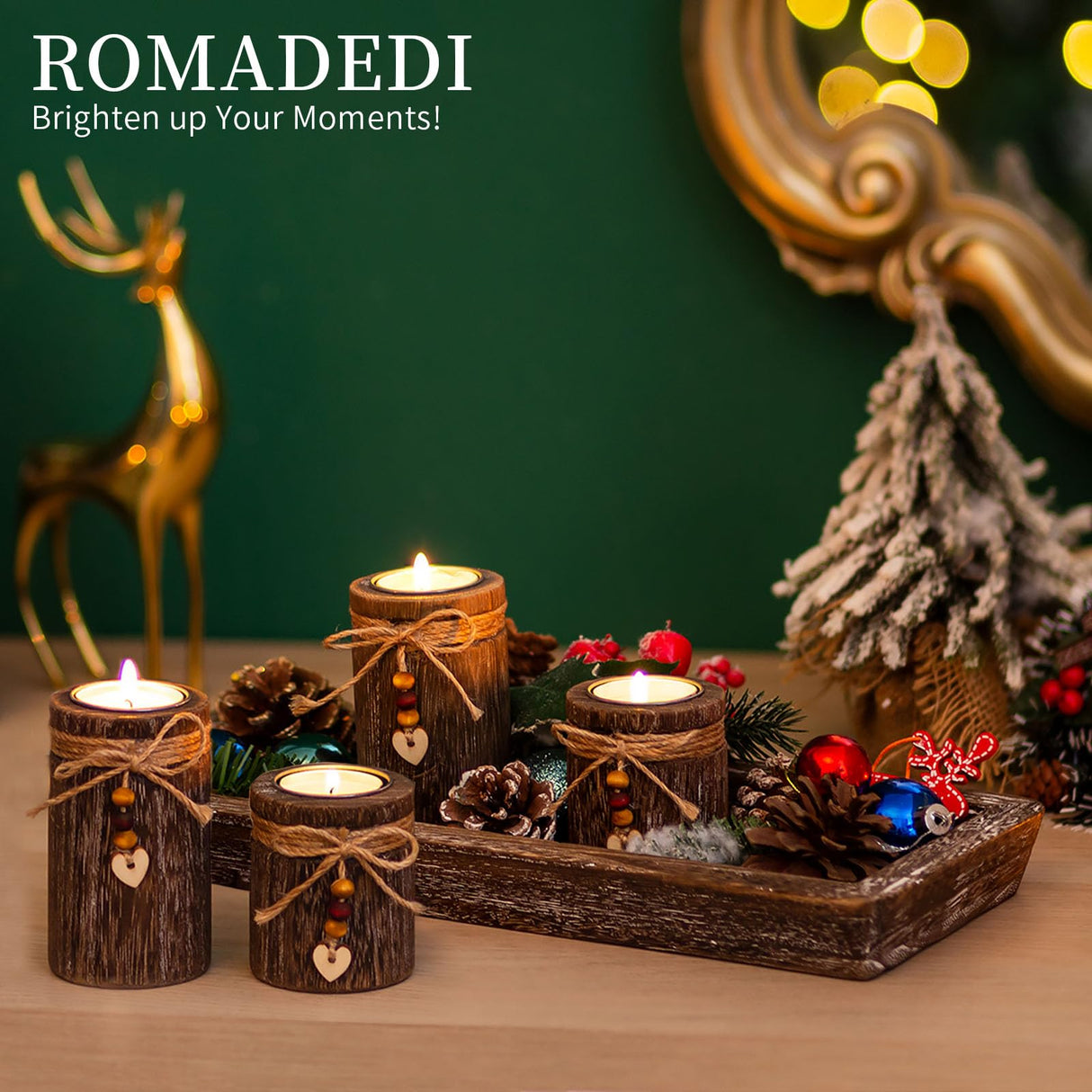 Farmhouse Coffee Table Decor Candle Holder - Romadedi Boho Wooden Tray with 4 Tealight Candles Holders for Tables Centerpiece Home Decorations Living Room Fireplace Kitchen Romadedi