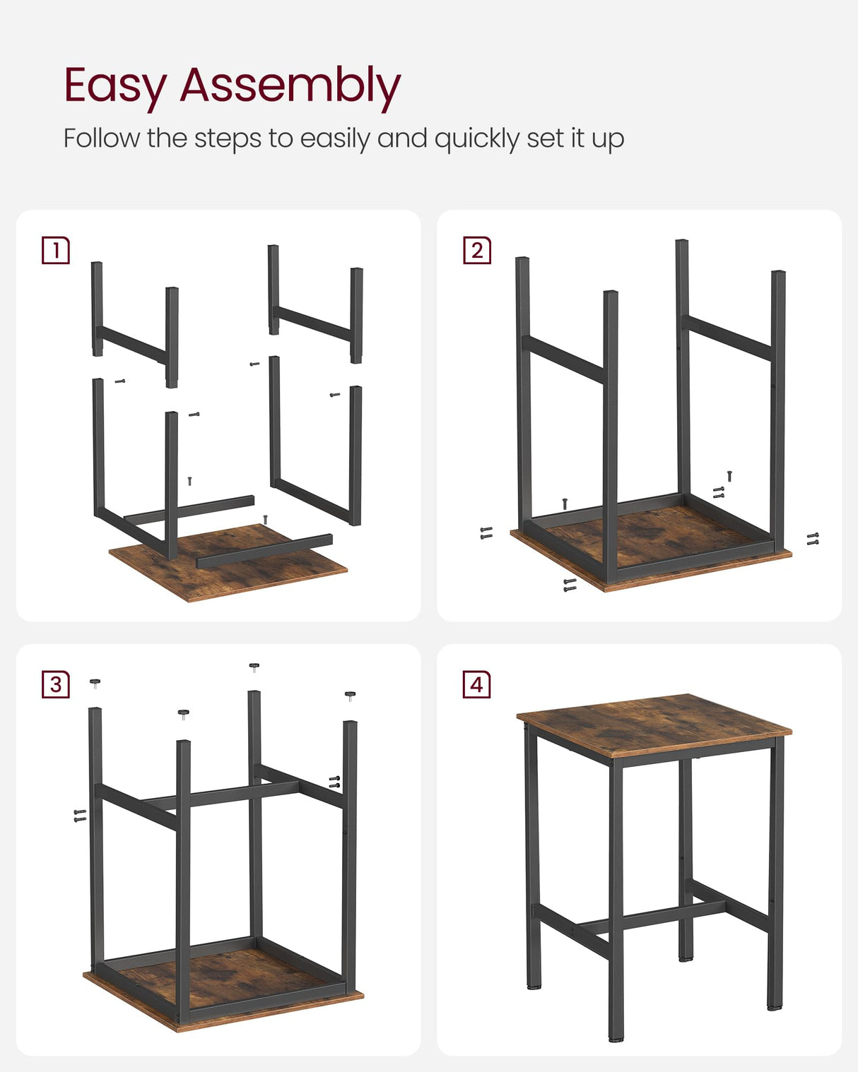 VASAGLE Bar Table, Small Kitchen Dining Table, High Top Pub Table, Height Cocktail Table for Living Room Party, Sturdy Metal Frame, 23.6 x 23.6 x 36.2 Inches for Narrow Spaces, Rustic Brown and Black VASAGLE