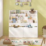 Kids Bookshelf - 4 Tier Small Bookcase for Kids Room, Toy Storage for Children with 2 Movable Drawers, Hidden Wheels, Toddler Book Display Shelves for Classrooms, Nursery, Playroom and Bedroom, White Sikaic