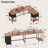 Korfile 66" L Shaped Computer Desk with Power Outlets, Home Office Desk with 4 Adjustable Storage Drawers & 2 Monitor Stands, Large Two Person Gaming Table for Writing Study, Rustic Brown Korfile