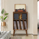Lerliuo Record Player Stand with Charging Station, Brown Turntable Stand Holds up to 160 Albums, Mid-Century Vinyl Storage Cabinet Table with Wood Legs, Record Holder Dispaly Shelf for Living Room Lerliuo
