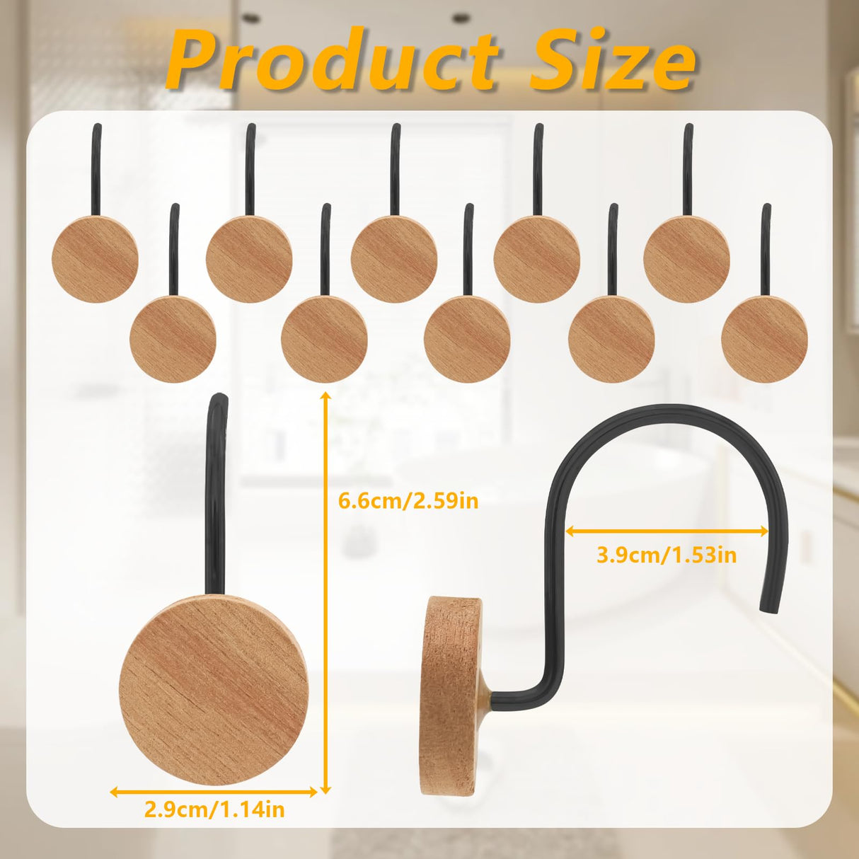 Shower Curtain Hooks, Wood Decorative Shower Curtain Rings, Modern Round Log Shower Curtain Hangers, 12PCS Shower Hooks for Shower Curtain Rod, Bedroom, Living Room (Black) JTDTH