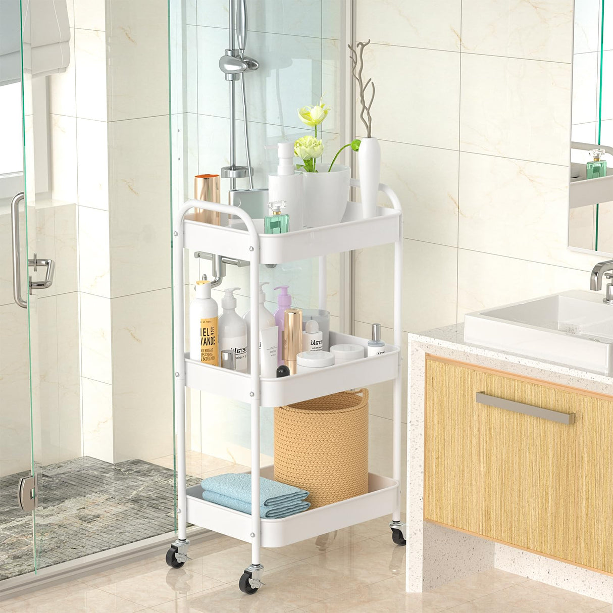 PNVXNUS 3 Tier Rolling Metal Storage Carts with Wheels,Multi Functional Organizer Cart for Office, Bathroom, Kitchen, Book, Diaper. Easy Assembly. (White) PNVXNUS