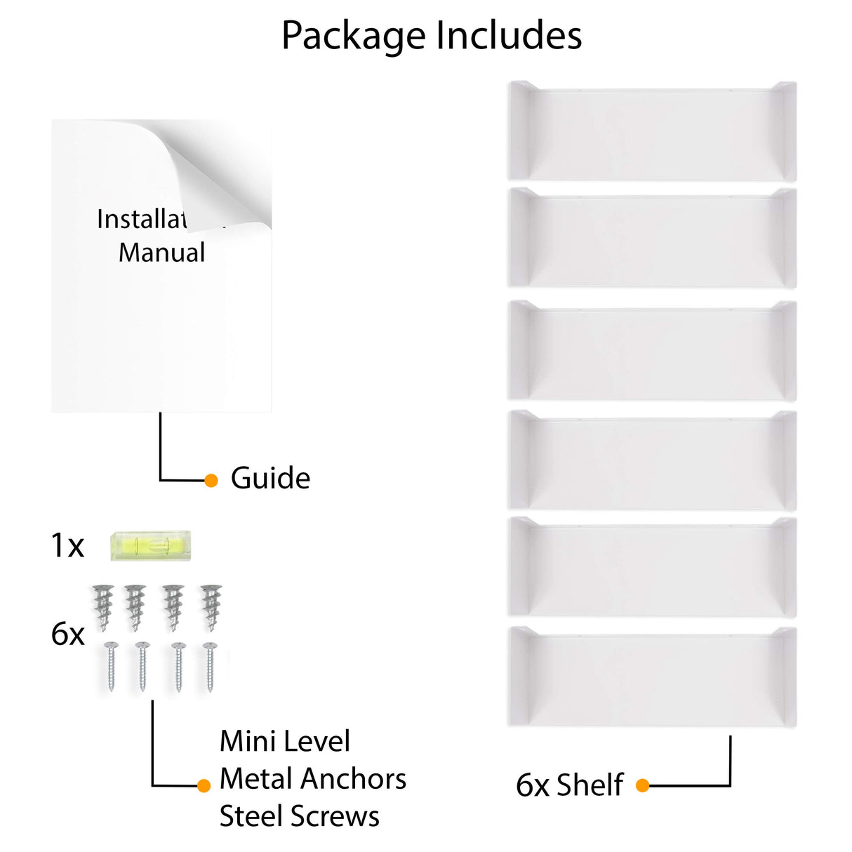 Wallniture Bali White U Shape Floating Shelves for Wall, CD DVD Storage Shelves and Metal Bookshelf Set of 6 Wallniture