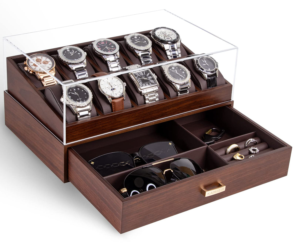 KAMIER Watch Box for Men, 10 Slots Mens Watch Case with Glass Lid, Watch Display Case With Drawer, 2-Layer Watch Holder Organizer, Jewelry and Watch Storage for Men Women, Walnut KAMIER