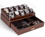 KAMIER Watch Box for Men, 10 Slots Mens Watch Case with Glass Lid, Watch Display Case With Drawer, 2-Layer Watch Holder Organizer, Jewelry and Watch Storage for Men Women, Walnut KAMIER
