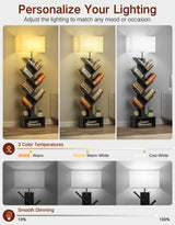OUTONLIFE 6 Tier Tree Bookshelf with Light, Remote & Timer, Modern Tall Floor Standing Book Shelf, Narrow Wood Bookcase, Small Book Organizer Shelves for Living Room, Bedroom, Office (Black) OUTONLIFE