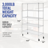 SafeRacks NSF Certified Storage Shelves, Zinc, Heavy Duty Steel Wire Shelving Unit with Wheels and Adjustable Feet, Garage or Bakers Rack Kitchen Shelving, Pantry Shelf - (18"x48"x72" 5-Tier) SafeRacks