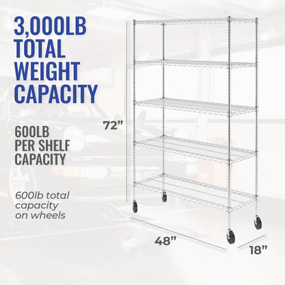 SafeRacks NSF Certified Storage Shelves, Zinc, Heavy Duty Steel Wire Shelving Unit with Wheels and Adjustable Feet, Garage or Bakers Rack Kitchen Shelving, Pantry Shelf - (18"x48"x72" 5-Tier)