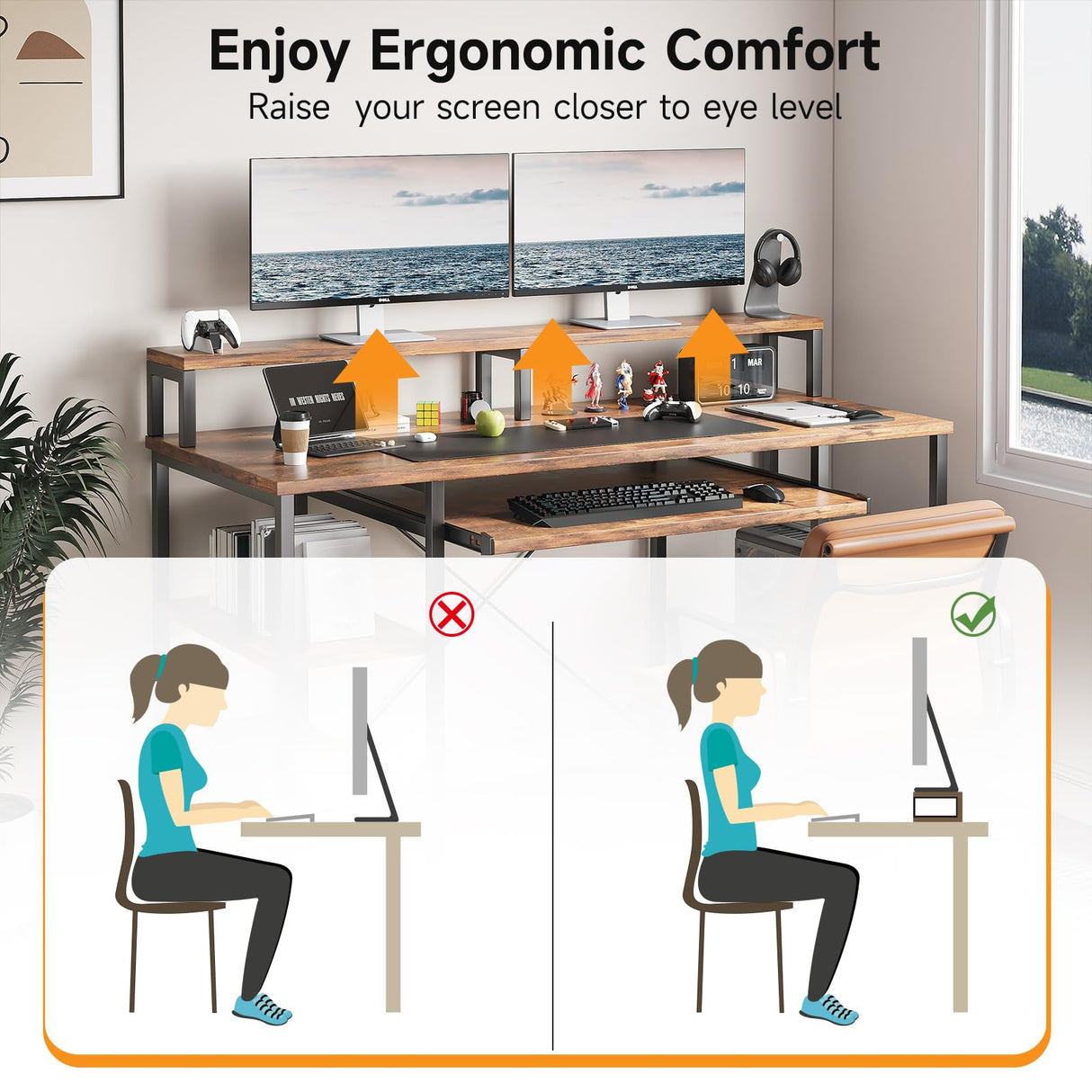 VERMESS 48Inch Computer Desk, Home Office Desks with Keyboard Tray, Gaming Desk with CPU Stand Shelf,Industrial Study Table Wide Writing Desk with Storage Shelves for 2 Monitors, Rustic Brown VERMESS