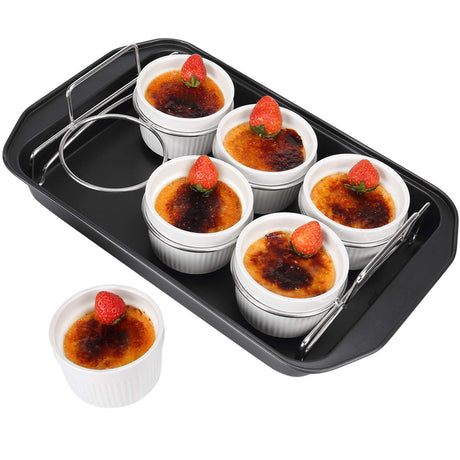 Creme Brulee Making Set - 6 Porcelain Ramekins 6 oz, 304 Stainless Steel Lifting Rack, 9" X 13" Bottom Pan SOLIGT