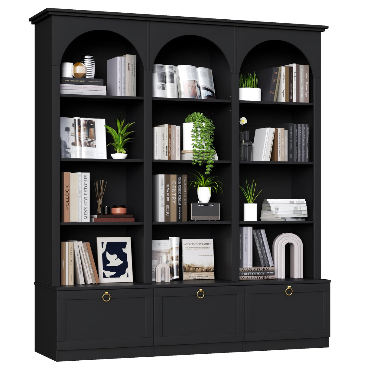 71" Triple Bookshelf with Doors, 5 Tier Tall Bookshelf with Cabinet , Large Book Shelf w/ 12 Adjustable Open Display Shelves & Anti-Tipping, 63" Wide Arched Bookcase for Living Room, Study, Black Loomie