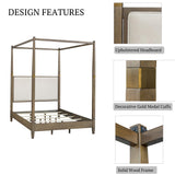 Madison Park Baylor Headboard, Footboard, Canopy Bed Frame with 5 Wood Slats - Upholstered Headboard, Post with Gold Accent, Bedroom Furniture, Box Spring Needed, Easy Assembly, Brown, Queen Madison Park