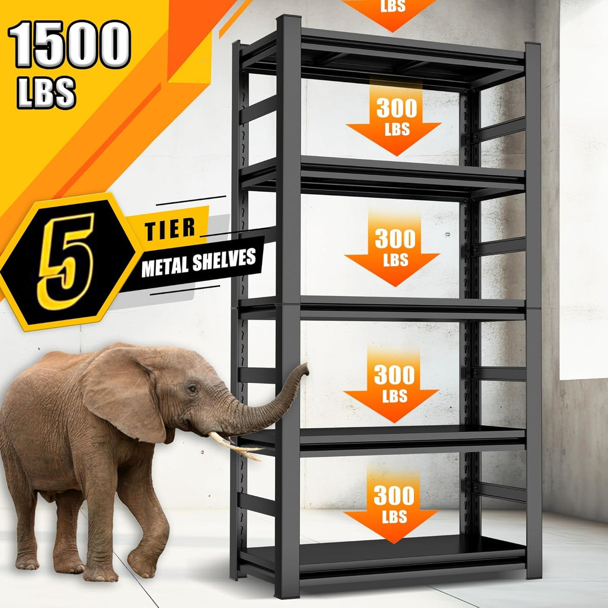 Garage Shelving - 5 Tier Adjustable Storage Shelves, Heavy Duty Metal Storage Utility Rack Shelf Unit for Warehouse Pantry Closet Kitchen, Black, 32" W X 16" D X 63" H PRESTELION