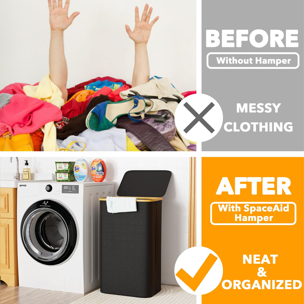 SpaceAid Laundry Hamper with Lid, 110L Large Tall Clothes Basket Bin with Bamboo Handles, Collapsible Laundry Hamper for Bedroom, Bathroom, Dorm, Laundry Room - Black SpaceAid