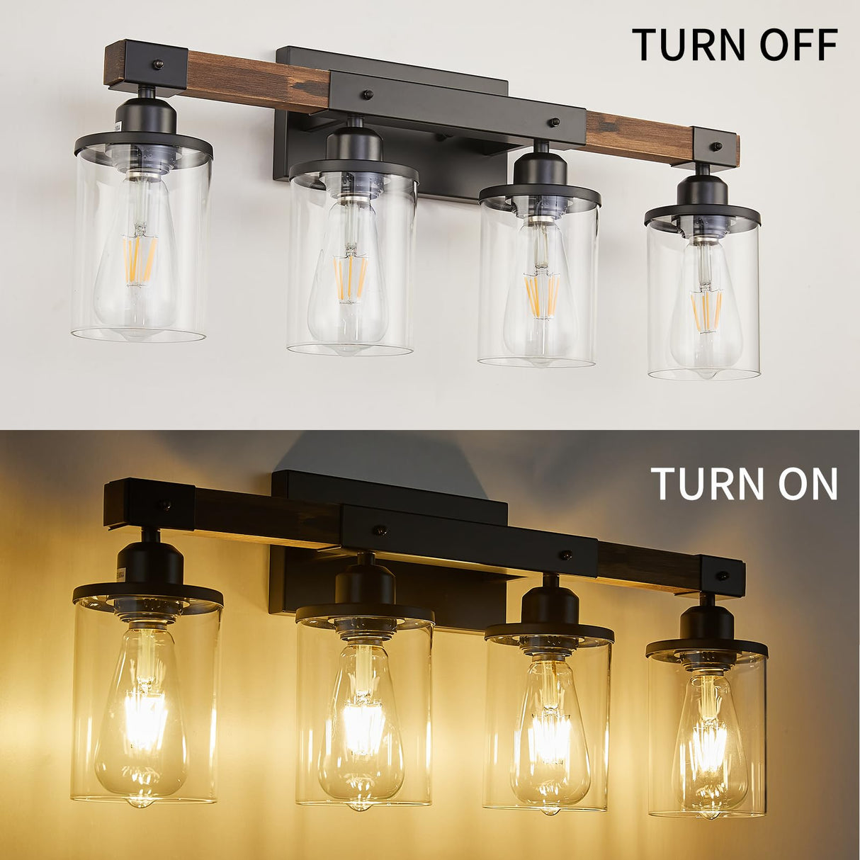 Feohak 4-Light Bathroom Vanity Light, Farmhouse Bathroom Light Fixtures Over Mirror, Rustic Industrial Wood Black Wall Lamp Sconce Light with Clear Glass Shade Feohak