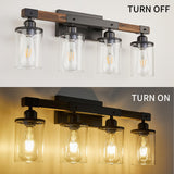 Feohak 4-Light Bathroom Vanity Light, Farmhouse Bathroom Light Fixtures Over Mirror, Rustic Industrial Wood Black Wall Lamp Sconce Light with Clear Glass Shade Feohak