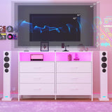 Dresser for bedroom, Fabric White Bedroom Dresser with LED Lights and Charging Station, 6 Long Drawers Dresser, Tall Wide Chest of Drawers Storage Organizer TV Stand for up to 60" TV for Living Room SOOWERY